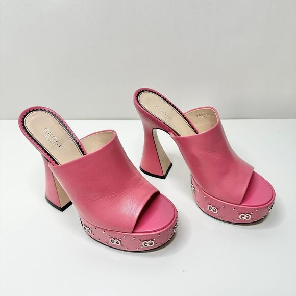 Gucci Janaya Studded GG 39.5/US 9 Platform Sandals Rhodamine Pink Spool Heel NIB - Picture 3 of 11